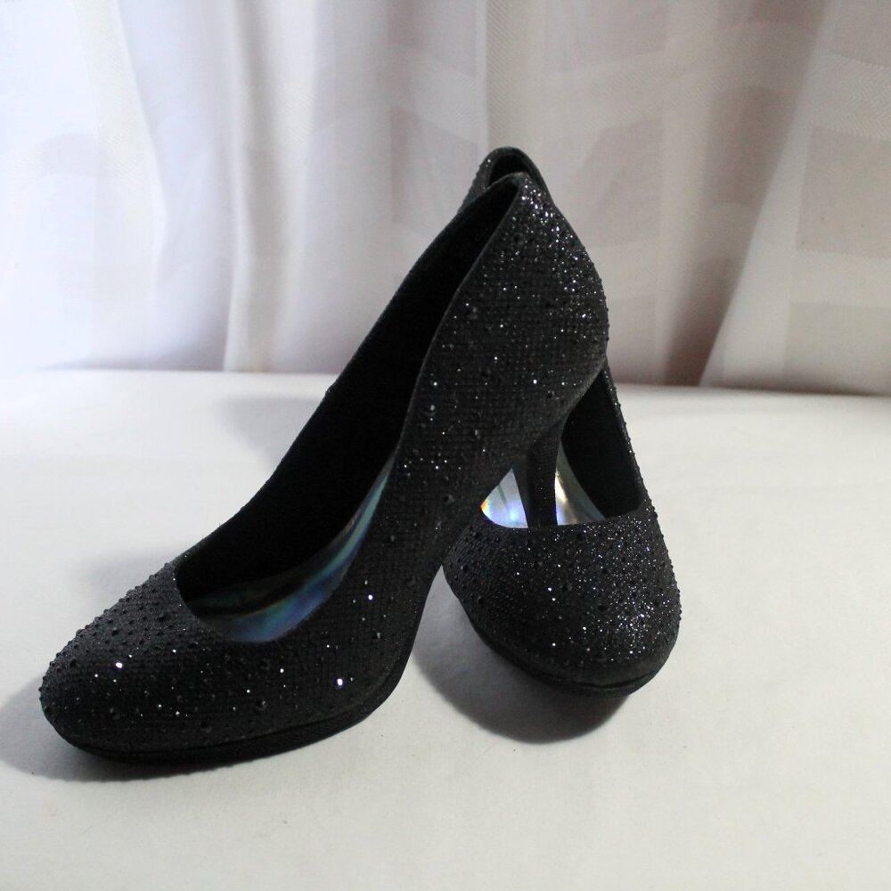 Silver Slipper "Mirage" Black Sparkly Platform Heels, 6.5, EUC